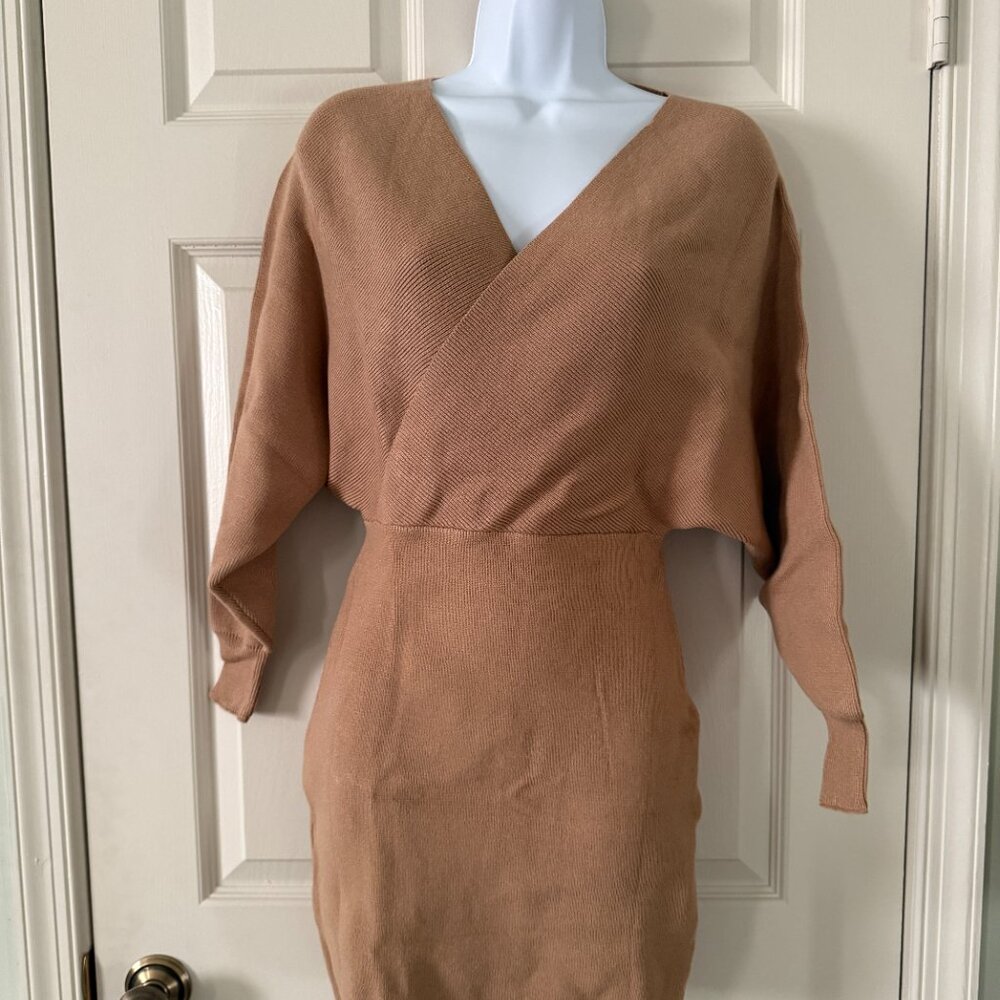 Sweater Dress Sexy V Neck Long Sleeve Backless Wrap Mini XS Tan NWT